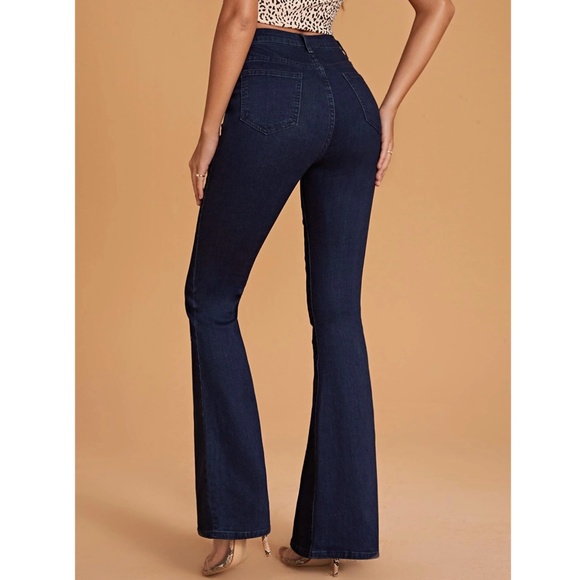 High Waist Flared Dark Wash Blue Denim Jeans Bell Bottom - Picture 3 of 11